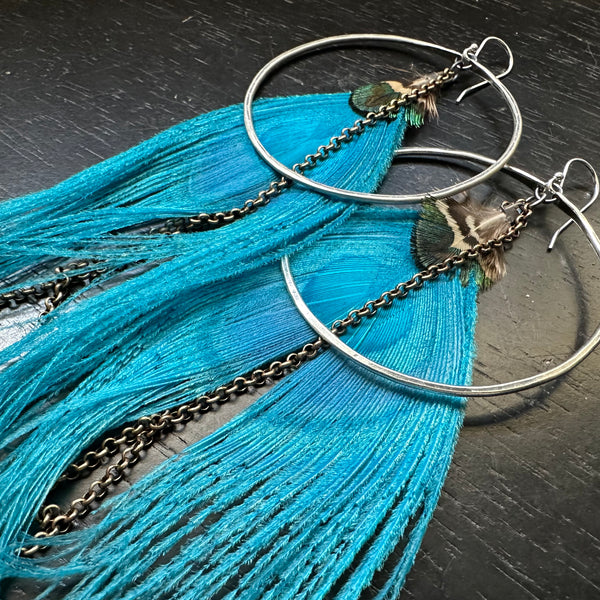 GODDESS Feather Earrings: Large Silver Hoops, Teal/Blue Peacock + Iridescent accent Feathers