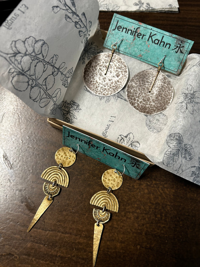 PRIVATE LISTING FOR SARAH: Brass Moon Manifestation/ Silver disc earrings