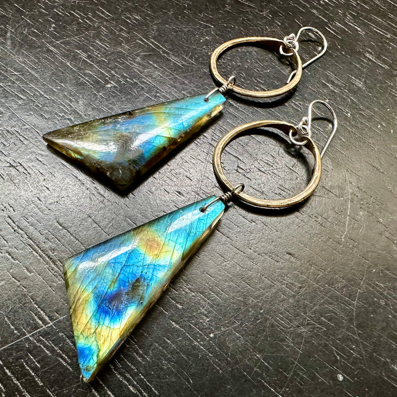 NEW #1 Bookmatched Rainbow Labradorite Triangledangles / Tiny Brass Hoops OOAK #1