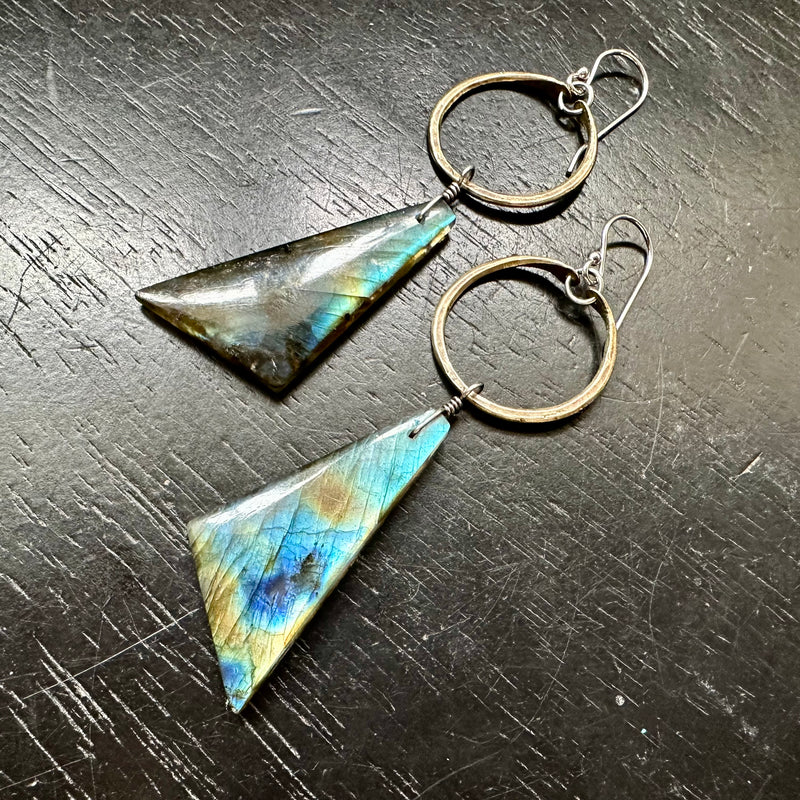 NEW #1 Bookmatched Rainbow Labradorite Triangledangles / Tiny Brass Hoops OOAK #1