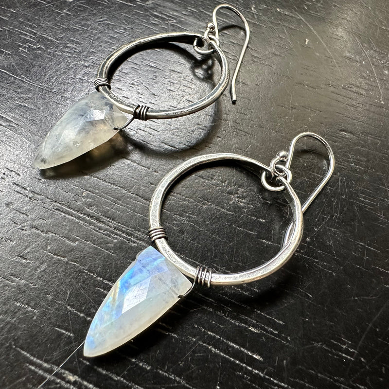 Moonstone Faceted Spears Tiny Silver Hoops