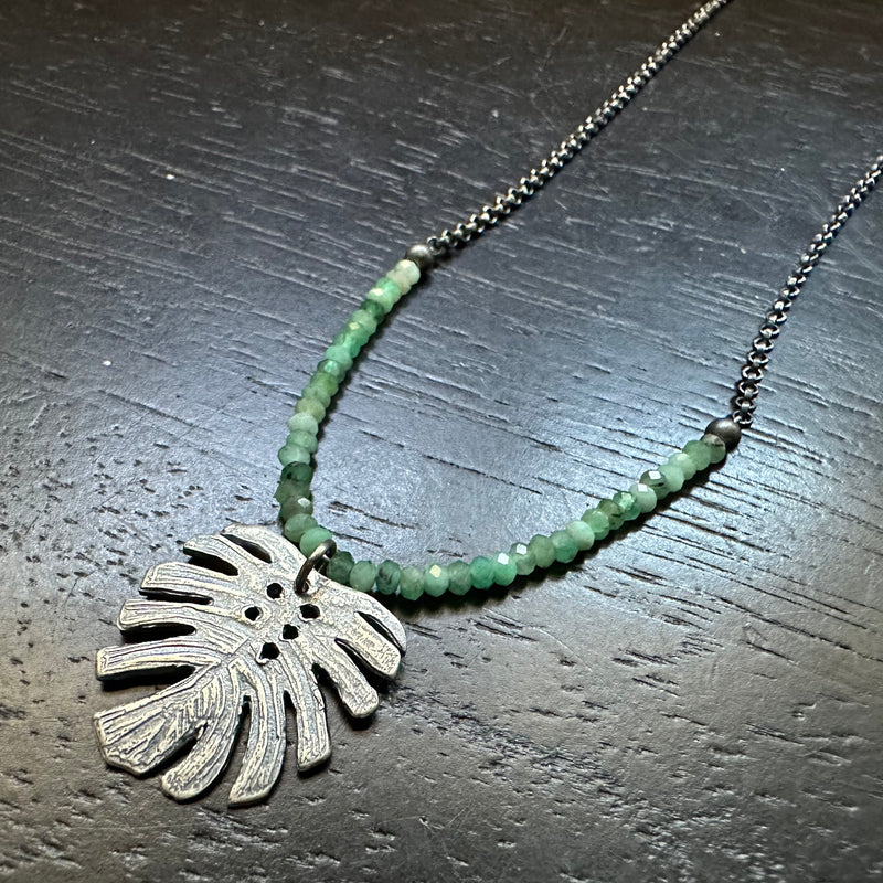 Small Monstera Leaf Necklace with Emerald