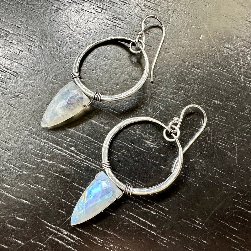 Moonstone Faceted Spears Tiny Silver Hoops