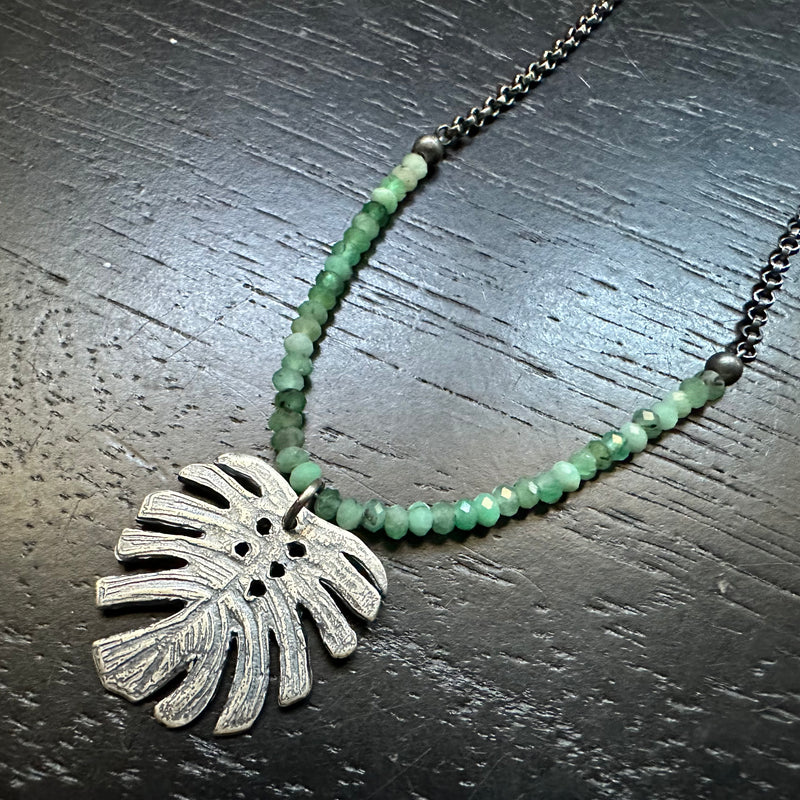 XL Sterling Silver Monstera PENDANT with Faceted Emeralds