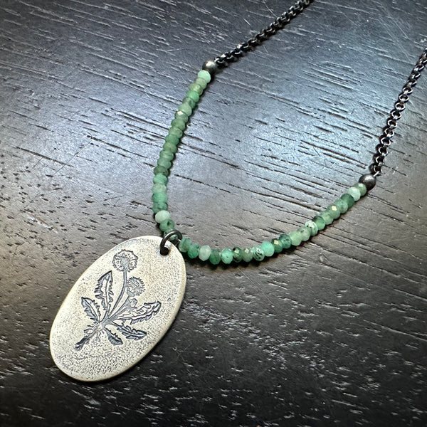 Dandelion Medallion with Emeralds on Sterling Silver chain- Choose Brass or Silver Monstera!