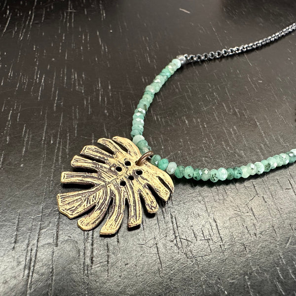 Small Monstera Leaf with Emeralds on Sterling Silver chain- Choose Brass or Silver Monstera!