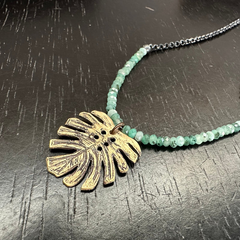 Small Monstera Leaf Necklace with Emerald