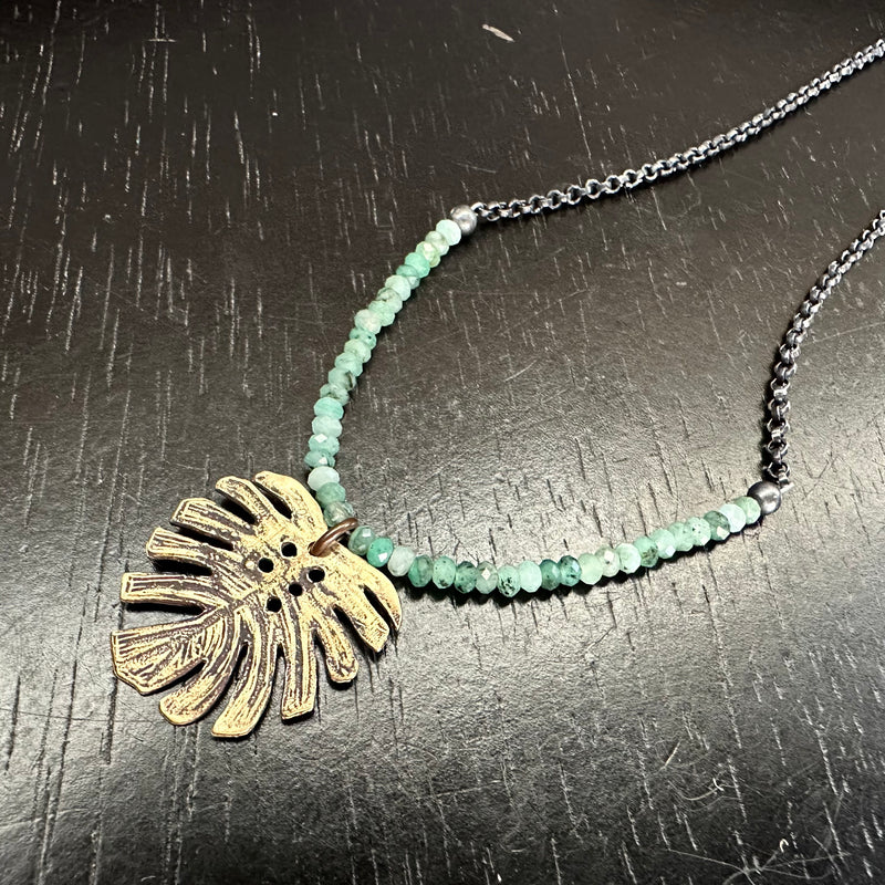Small Monstera Leaf with Emeralds on Sterling Silver chain- Choose Brass or Silver Monstera!