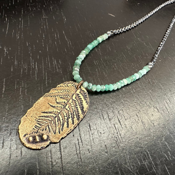 Fern Leaf Medallion with Emeralds on Sterling Silver chain- Choose Brass or Silver Monstera!