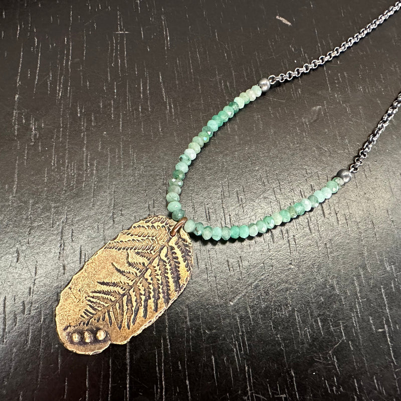 Fern Leaf Medallion with Emeralds on Sterling Silver chain- Choose Brass or Silver Monstera!