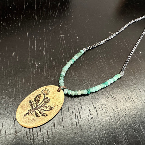 Dandelion Medallion with Emeralds on Sterling Silver chain- Choose Brass or Silver Monstera!