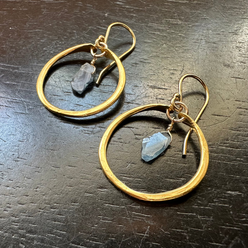 Tiny GOLD Hoops with RAW Sapphire SLICES, 24K GOLD VERMEIL
