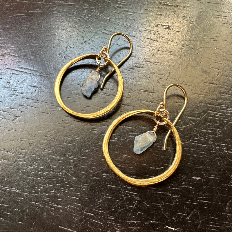 Tiny GOLD Hoops with RAW Sapphire SLICES, GOLD VERMEIL