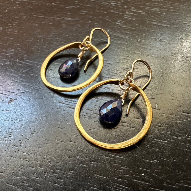 Tiny GOLD Hoops with FACETED Teardrop Sapphires, 24K GOLD VERMEIL