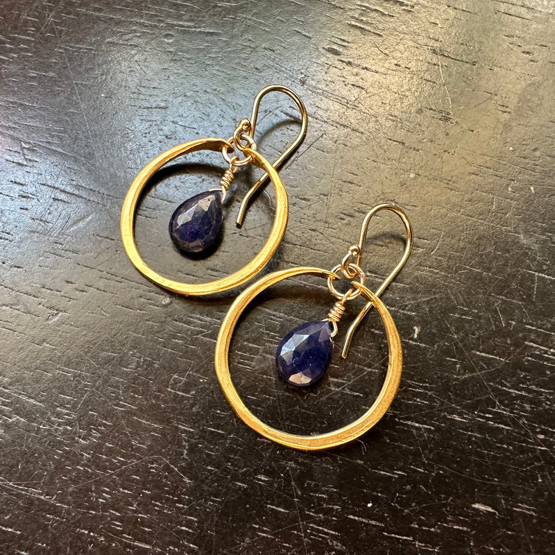 Tiny GOLD Hoops with FACETED Teardrop Sapphires, 24K GOLD VERMEIL