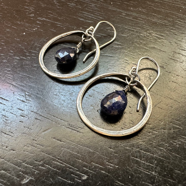 Tiny Sterling Silver Hoops with FACETED Teardrop Sapphires
