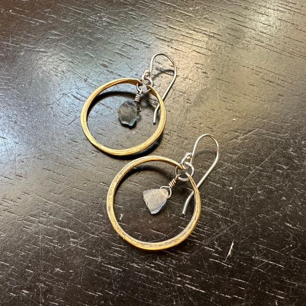 Tiny Brass Hoops with Raw Sapphire SLICES