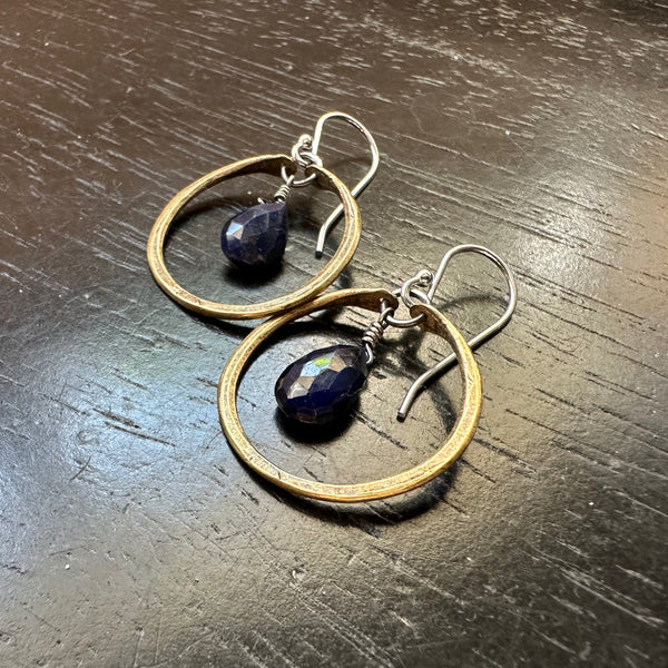 Tiny Brass Hoops with FACETED Teardrop Sapphires