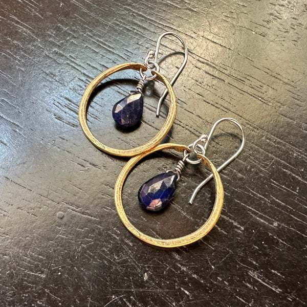 Tiny Brass Hoops with FACETED Teardrop Sapphires