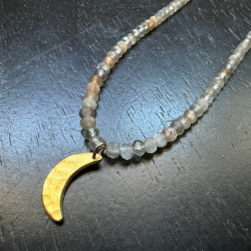 Tiny Gold Crescent Moon Necklace with Peach Moonstone