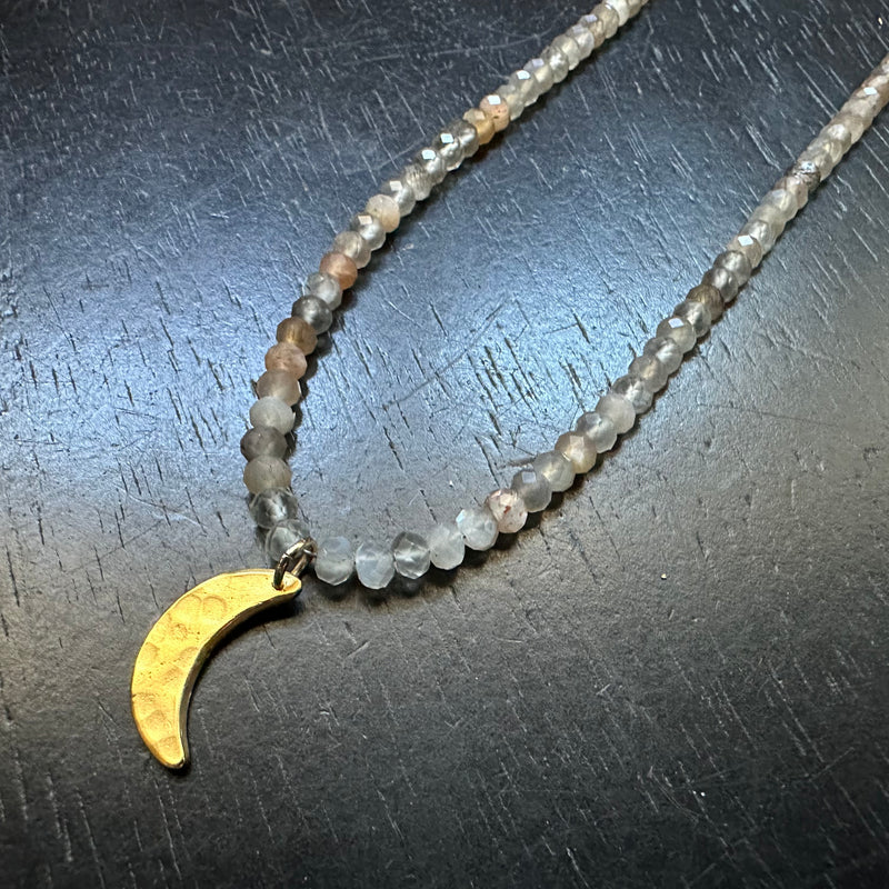 Tiny Gold Crescent Moon Necklace with Peach Moonstone