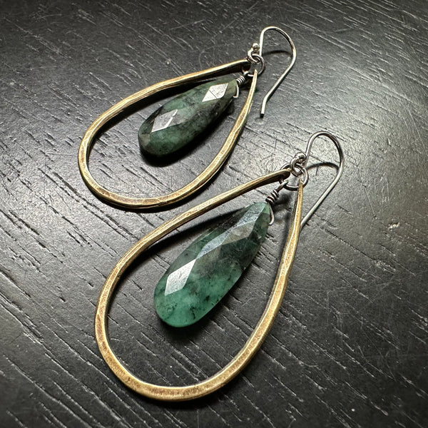 Small Brass Tear with Teardrop Emerald