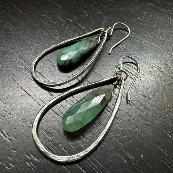 Small Silver Teardrop Earrings with Emerald