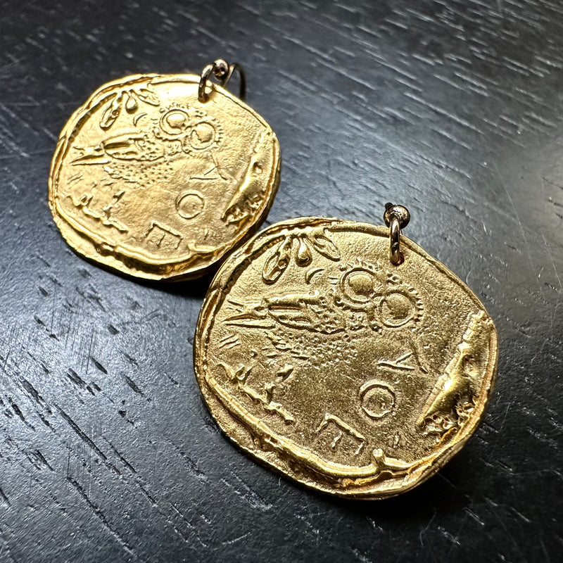 Athena's Owl Coin Gold Earrings