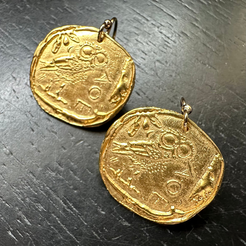 Athena's Owl Coin Gold Earrings