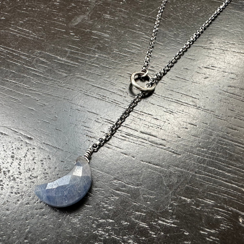 SEPTEMBER SAPPHIRE CRESCENT MOON Lariat Necklace: Adjustable Sterling Silver chain