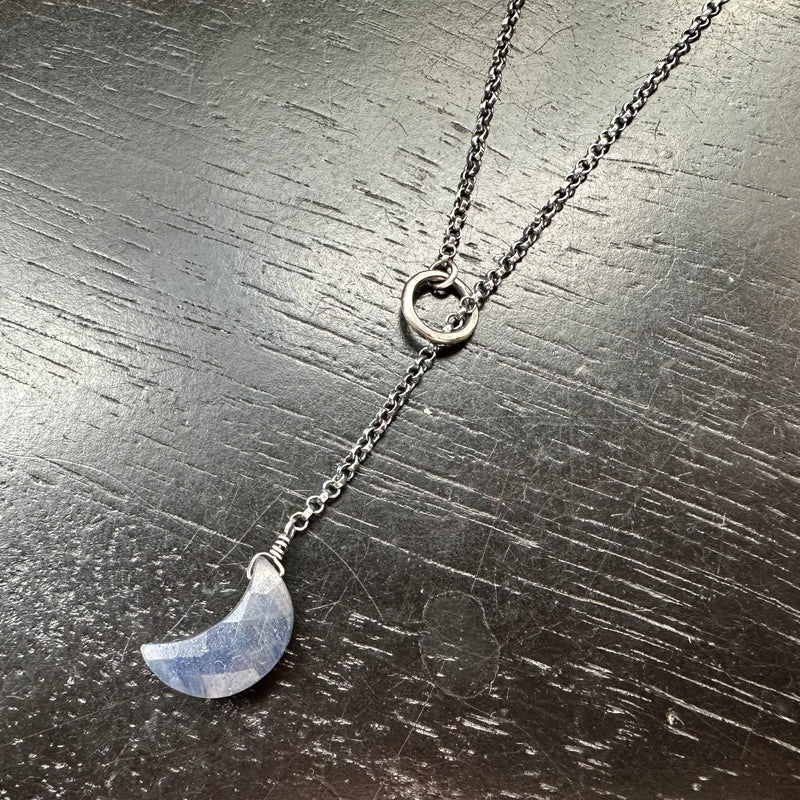 SEPTEMBER SAPPHIRE CRESCENT MOON Lariat Necklace: Adjustable Sterling Silver chain