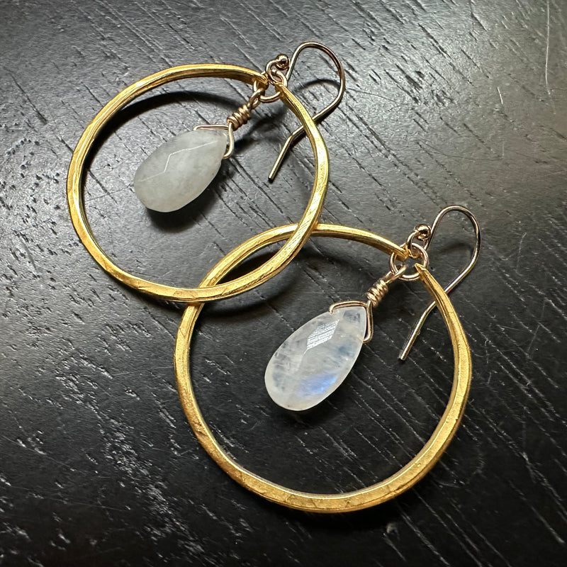 Rainbow Moonstone Ellipse Earrings in Small Gold Hoops