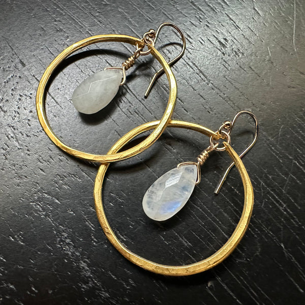 Rainbow Moonstone Ellipse Earrings in Small Gold Hoops