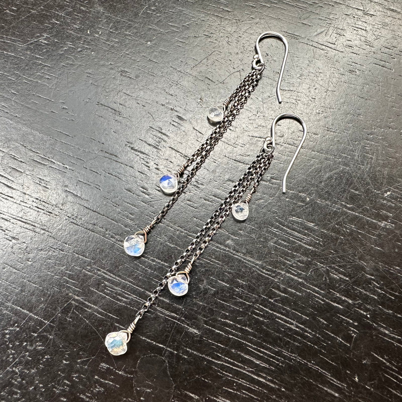 NEW! Moonstone Dew Drop Earrings with STERLING chains, TINY moonstones