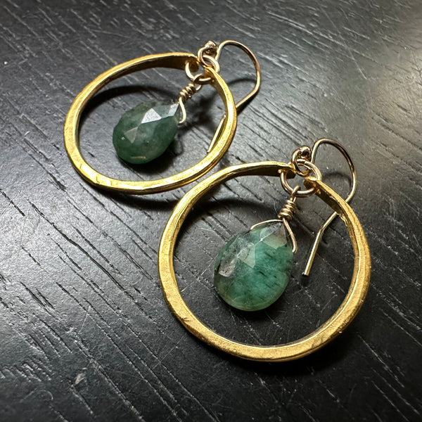 Raw Emerald Earrings in Tiny Gold Hoops, 24K GOLD VERMEIL