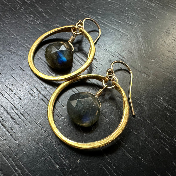 Dewdrop Labradorite Earrings in Tiny Gold Hoops 24K GOLD VERMEIL