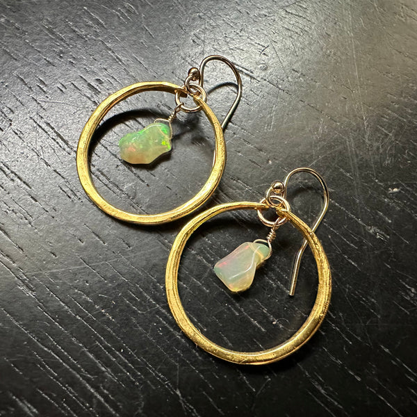 Tiny GOLD Hoops with Raw OPALS (OCTOBER BIRTHSTONE) 24K GOLD