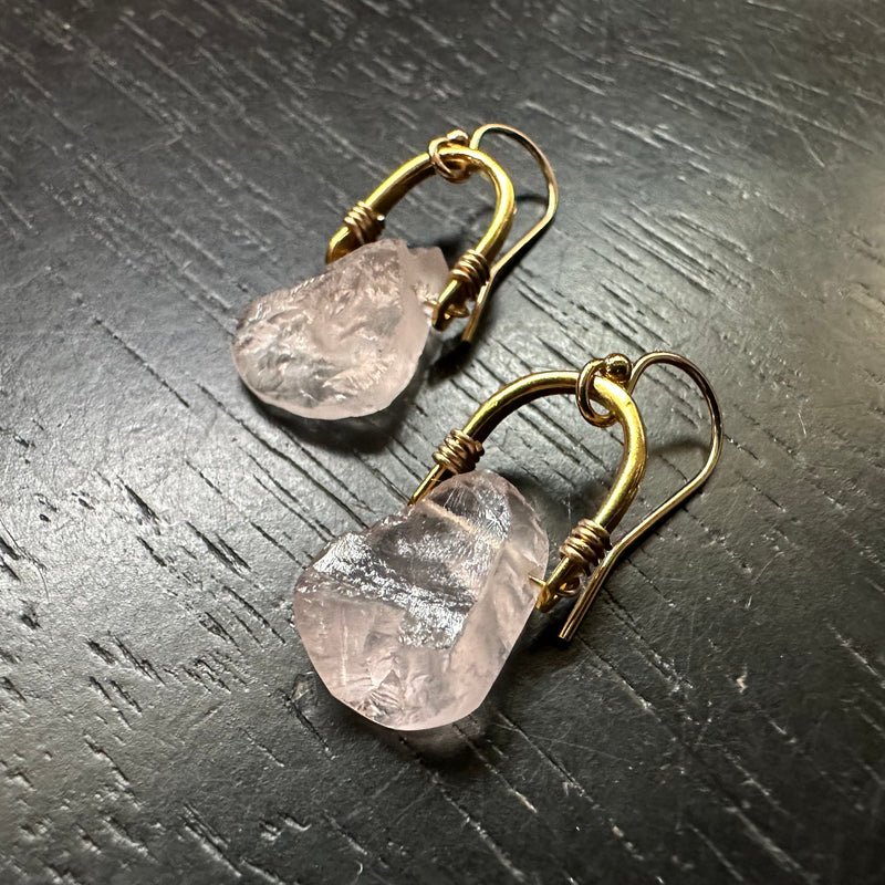 Tiny Gold Taliswoman Earrings with Rose Quartz