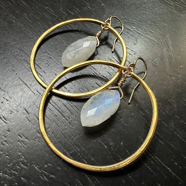 LIMITED BATCH! Rainbow Moonstone Ellipse Earrings in MEDIUM 24K Gold Hoops