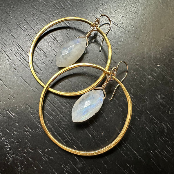 Rainbow Moonstone Ellipse Earrings in Medium Gold Hoops