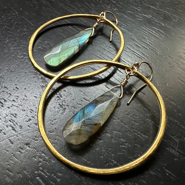 Teardrop Labradorite Earrings in Medium Gold Hoops