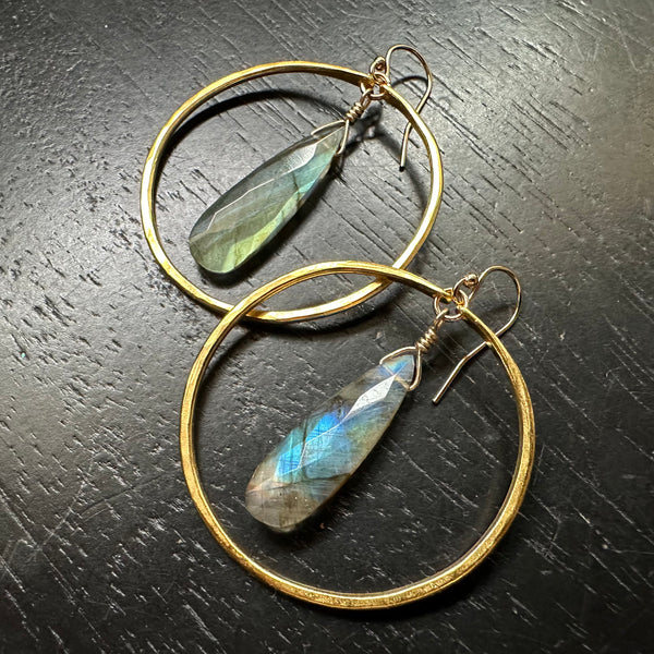 Teardrop Labradorite Earrings in Medium Gold Hoops