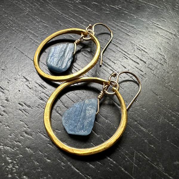 Kyanite Earrings in Tiny 24K Gold Hoops