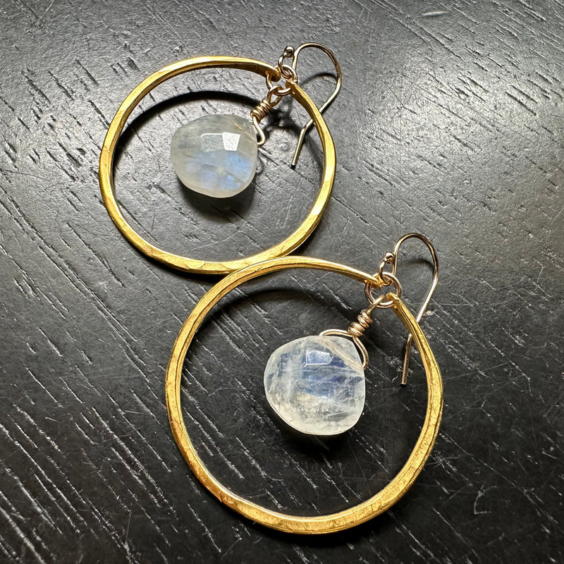 Rainbow Moonstone Earrings in Small Gold Hoops
