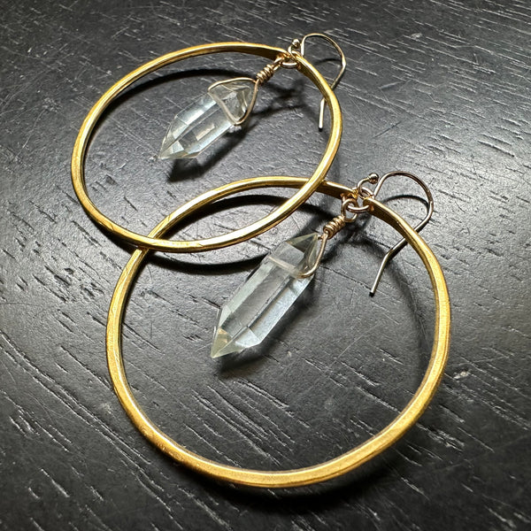 Medium Gold Hoops with Double-Pointed, Faceted Quartz Crystals 24K GOLD