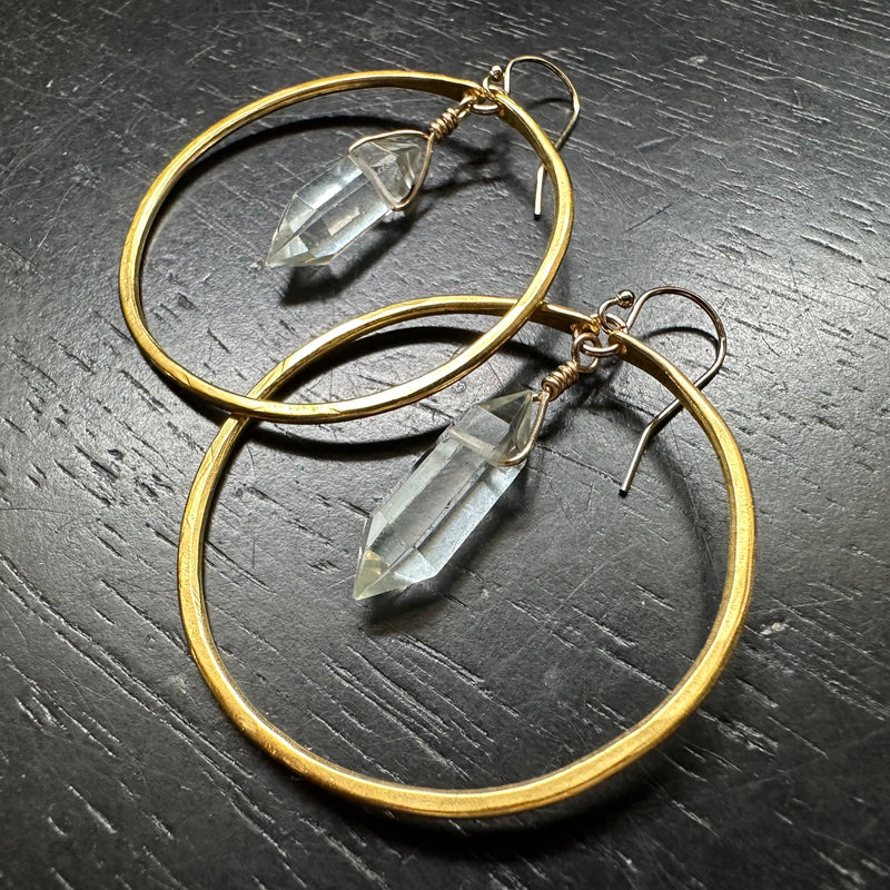 Double-Pointed Quartz Earrings with Medium Gold Hoops