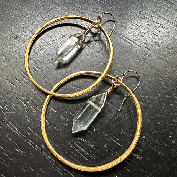 Medium Gold Hoops with Double-Pointed, Faceted Quartz Crystals 24K GOLD