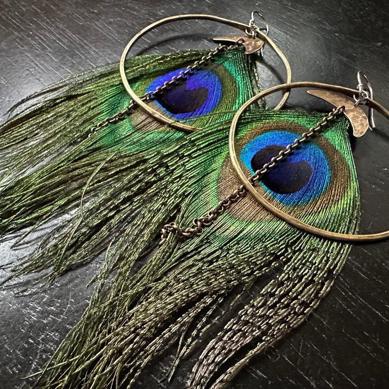 Hera Goddess Feather Earrings with Large Brass Hoops