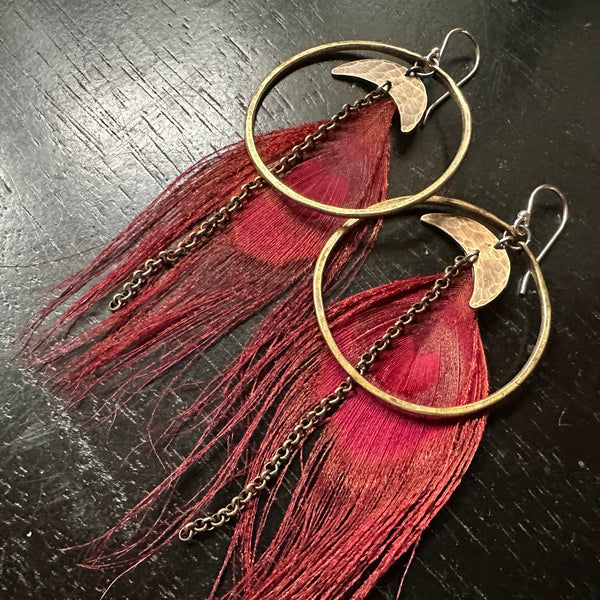 Feather Earrings: Medium Brass Hoops, Vibrant Red Peacock Feathers Brass moons and brass chains