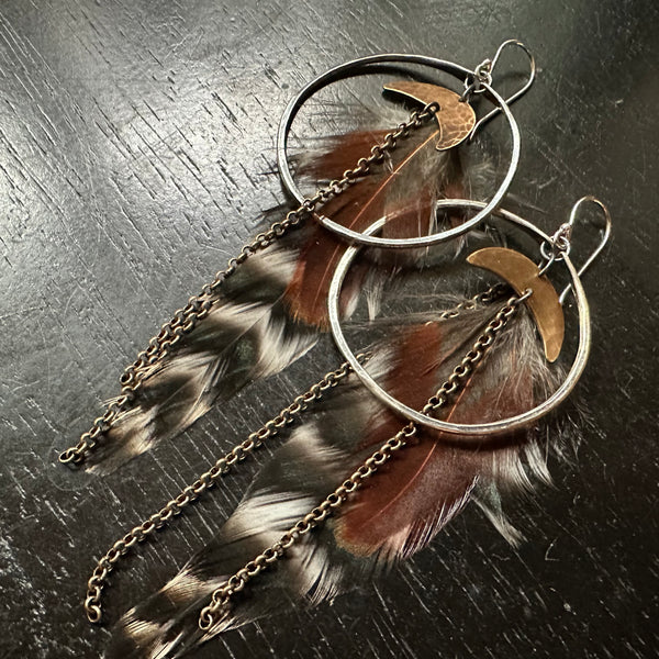 HERA GODDESS Feather Earrings: Medium Silver Hoops, Brass Moons, Earth tone Feathers
